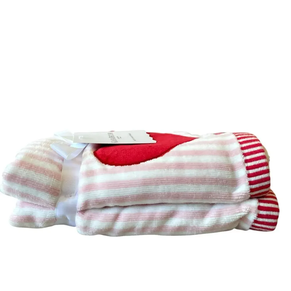 2pc Valentine's Day Hand Towels Embroidered Red Heart Pink Stripes 18x28 Cotton